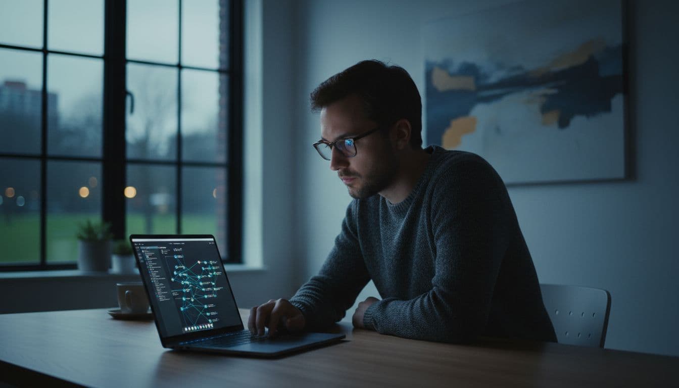 A focused professional sits at a clean wooden desk, analyzing lines of code on an open laptop screen. Dramatic side lighting highlights their intense expression in this quiet, modern workspace.