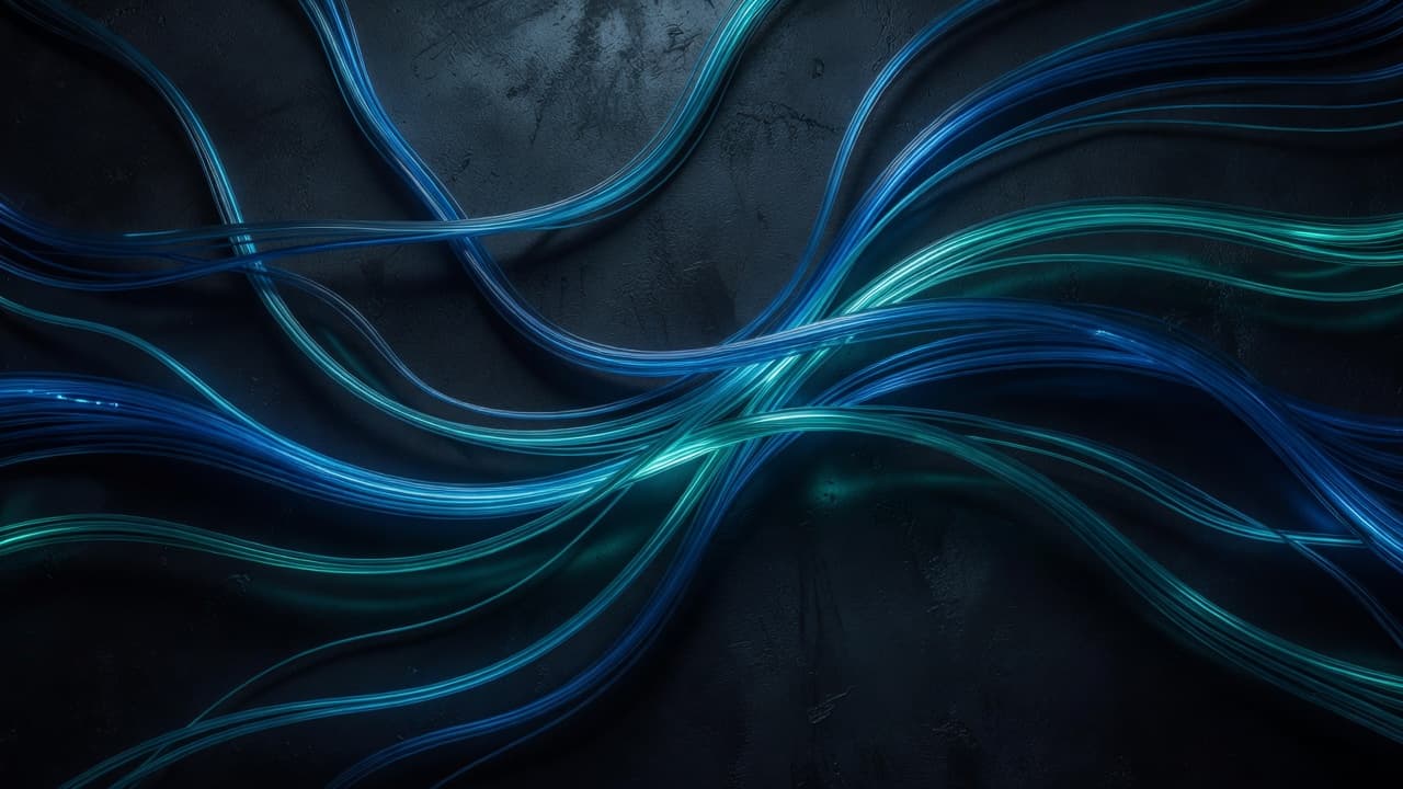 Vibrant streaks of teal and blue fiber optic light pulse across a dark, grainy surface. These glowing lines converge to suggest rapid data movement within a highly secure digital environment.