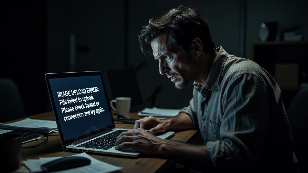A stressed individual sits at a dark desk, staring intensely at a laptop screen that displays an image upload error. Dramatic overhead lighting emphasizes their worried expression in the dim office.