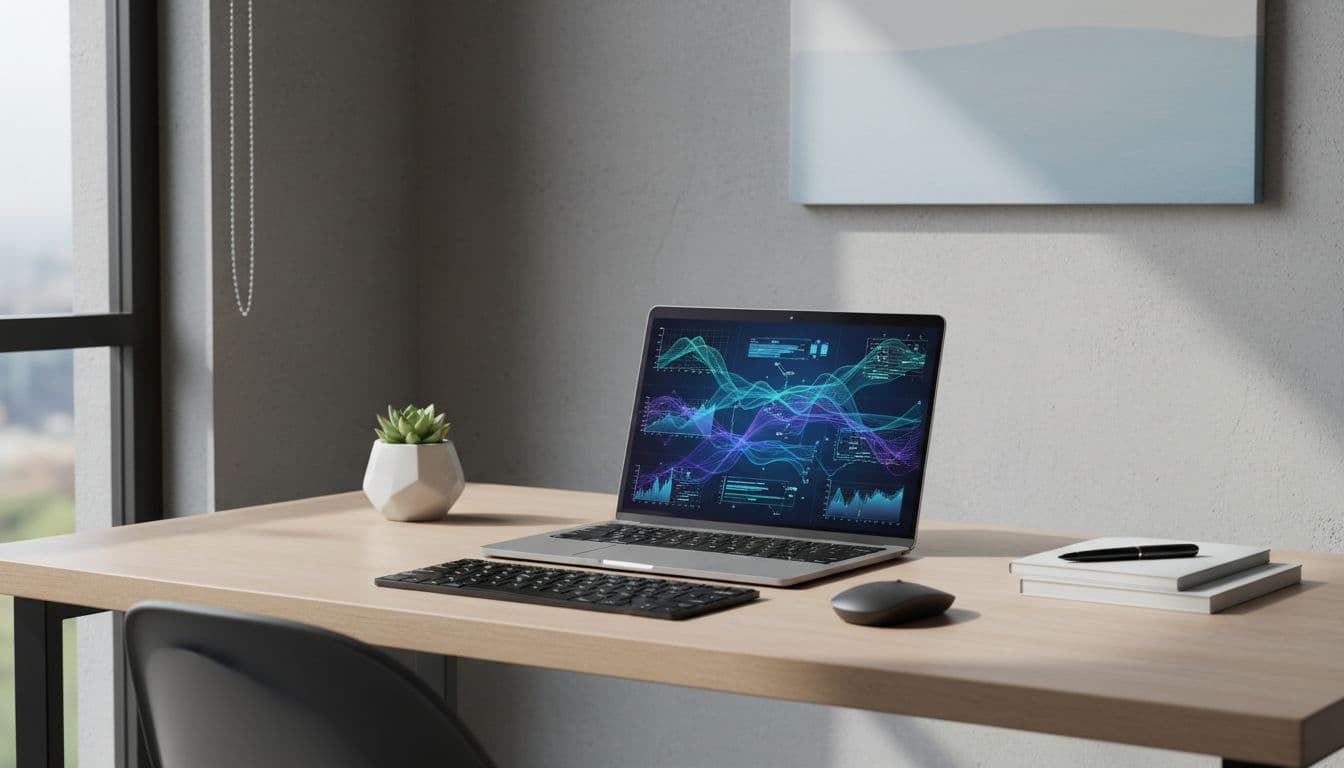 A sleek silver laptop sits centered on a dark desk, showcasing vibrant abstract data visualizations on the screen. Sharp side lighting creates bold contrasts across the uncluttered, professional workstation area.