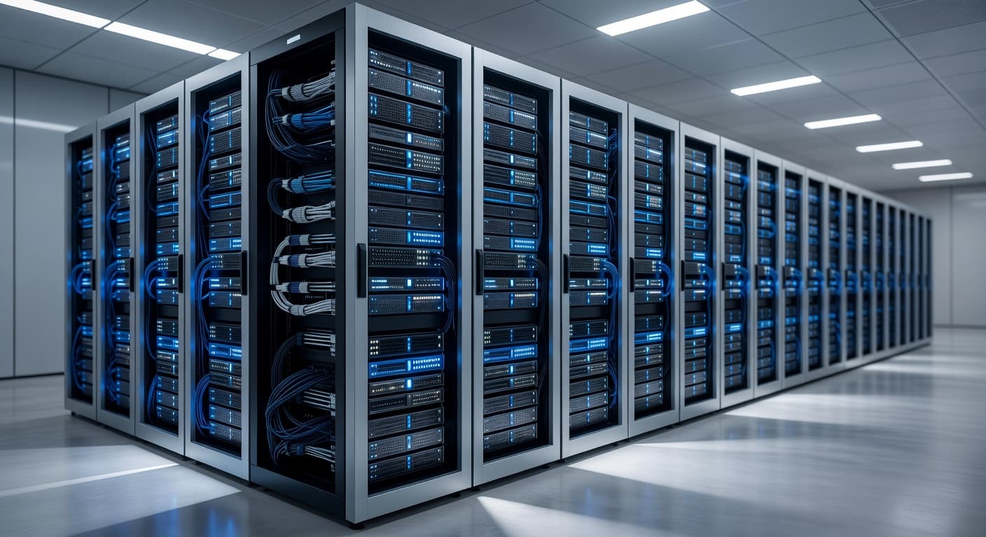Rows of high-tech server racks glow with vibrant blue and white LED lights in a sleek, darkened facility. This organized infrastructure layout emphasizes advanced data processing power and professional technical performance.