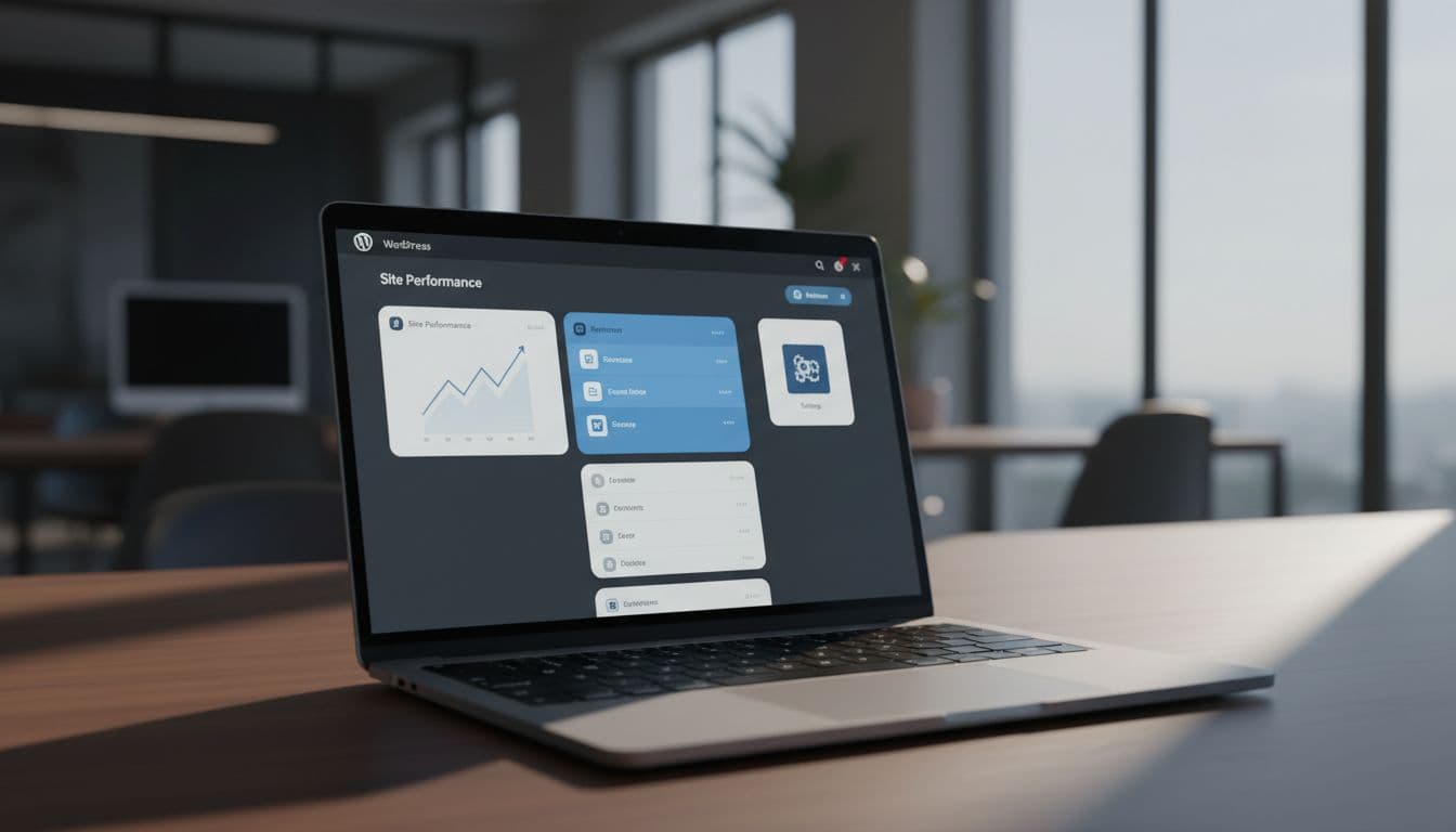 A sleek, minimalist content management interface displays on a high-resolution laptop screen. Soft cinematic lighting highlights the organized panels and data widgets against the blurred backdrop of a dark professional office.
