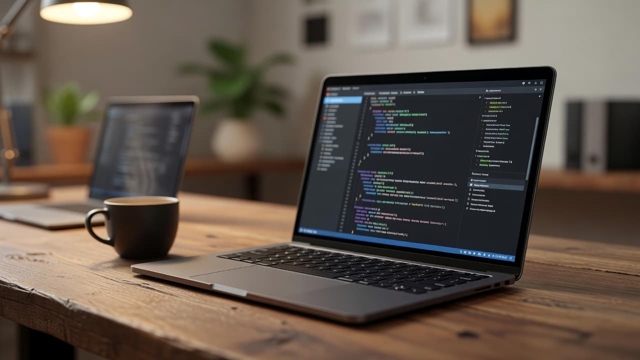 An open laptop sits on a polished wooden desk alongside a warm ceramic mug. Soft glowing light illuminates the organized surface, suggesting a focused environment for deep technical problem solving.