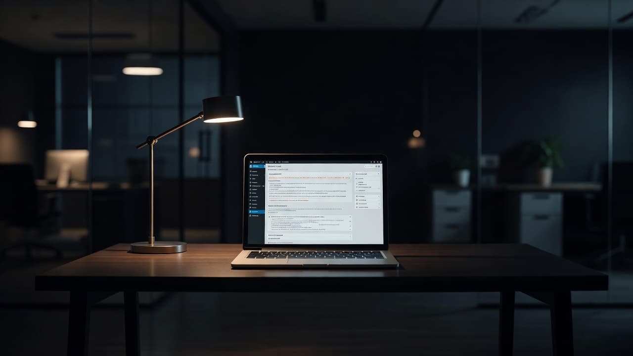 A single laptop sits centered on a dark desk surface illuminated by the gentle glow of a warm desk lamp. The background is softly blurred to emphasize the focused troubleshooting environment.