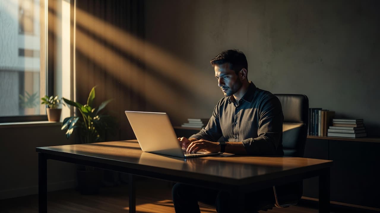 A silhouette of a professional sitting at a desk illuminated by intense, high-contrast side lighting. A bright laptop screen glows in the dark room, representing secure digital access and administrative oversight.
