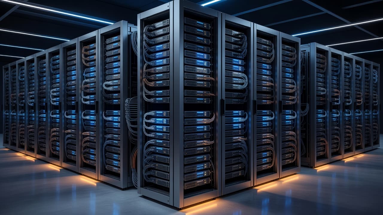 Rows of illuminated server racks stretch into the distance with glowing blue and orange LED indicators. These organized hardware units symbolize complex file systems and efficient backend data storage architectures.