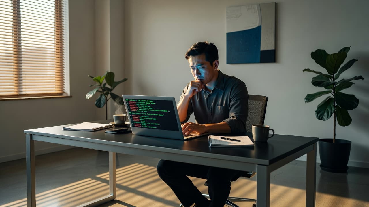 A focused professional sits at a clean wooden desk, staring intently at an open laptop screen. Soft cinematic lighting highlights their thoughtful expression while they debug complex web service connectivity issues.