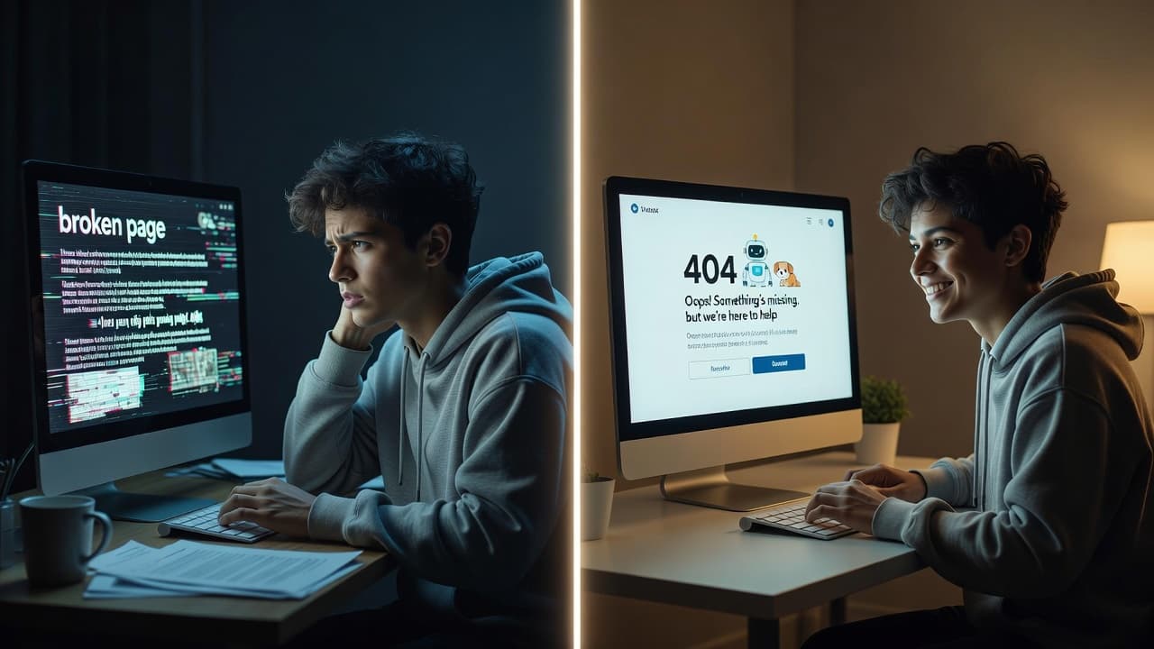 A split composition shows a person frustrated by a blank computer screen on the left, contrasted with the same individual smiling at a colorful, helpful error page on the right side.