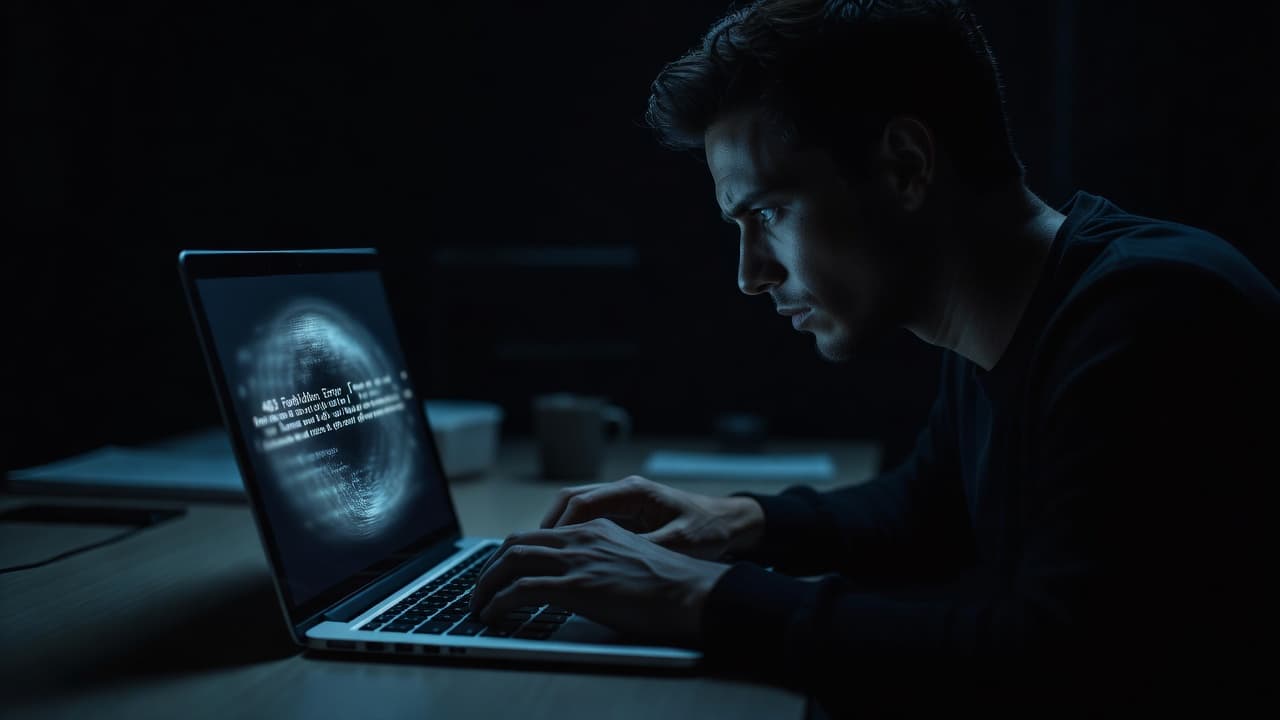 A silhouette of a person stares intently at a laptop screen in a dark room. Deep blue lighting illuminates the keyboard while high-contrast shadows frame the frustrated user's face.
