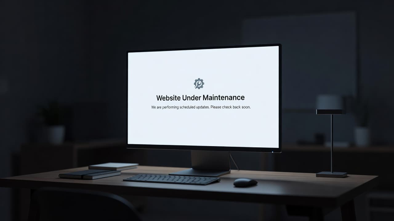 A computer monitor in a dimly lit home office displays a clean maintenance notice. The screen glows against a dark, blurred background, highlighting a modern and professional interface design.