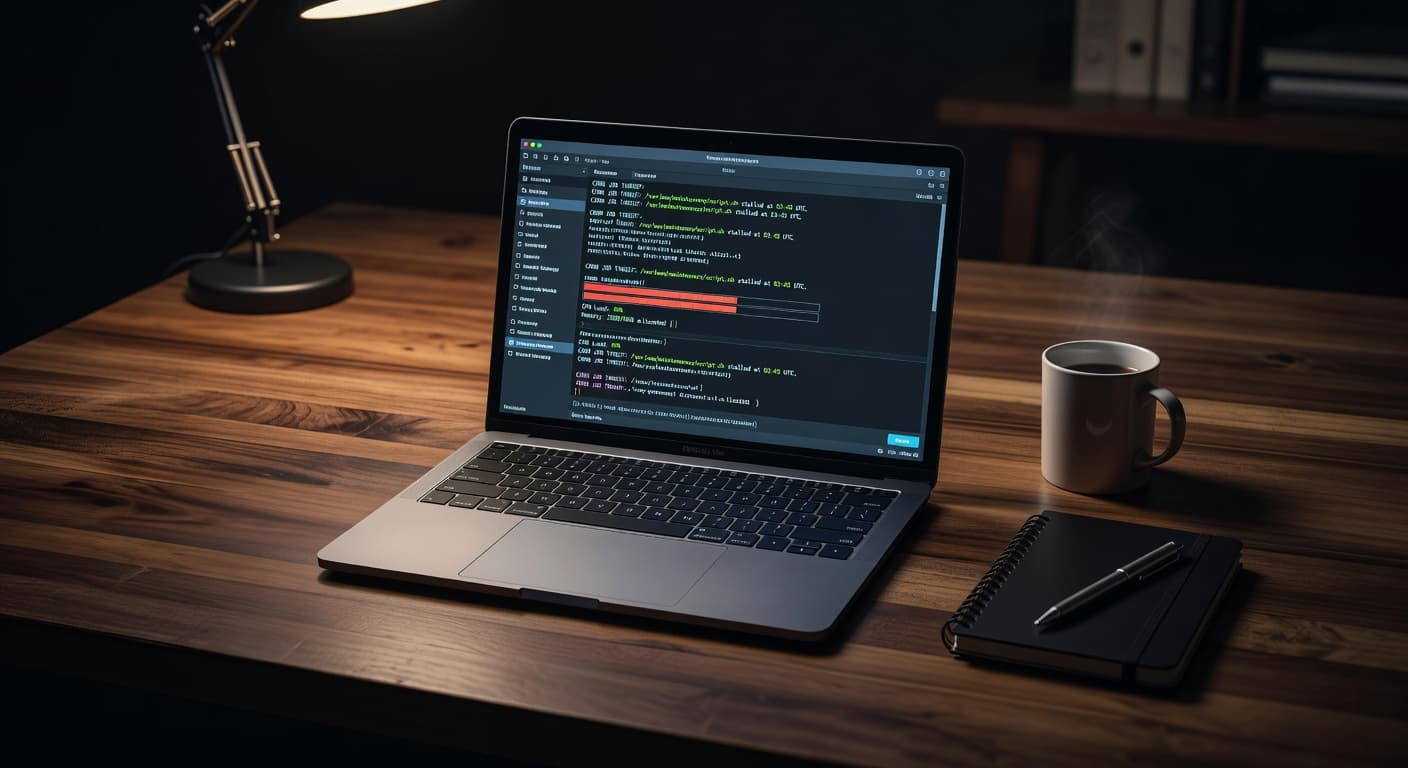 An open laptop sits on a polished wooden desk illuminated by a warm glow. The surrounding area remains quiet and organized, emphasizing a focused environment for resolving complex technical website issues.