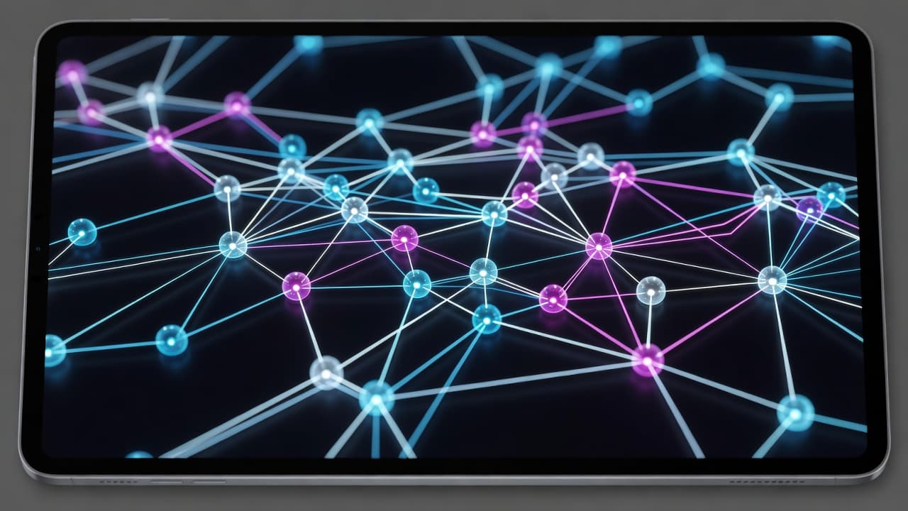 A tablet screen displays a glowing digital network of interconnected nodes against a dark background.