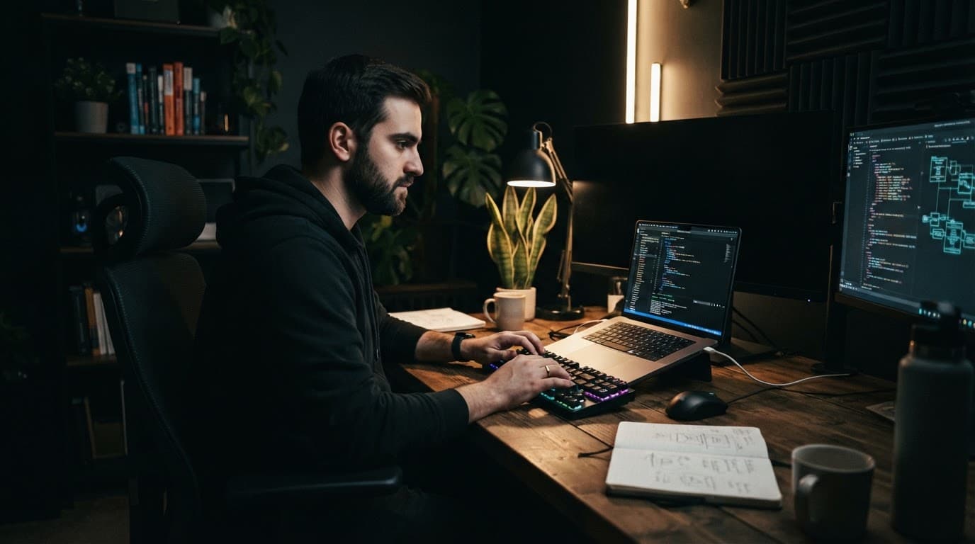 A developer working on a laptop displaying code in a dimly lit room.