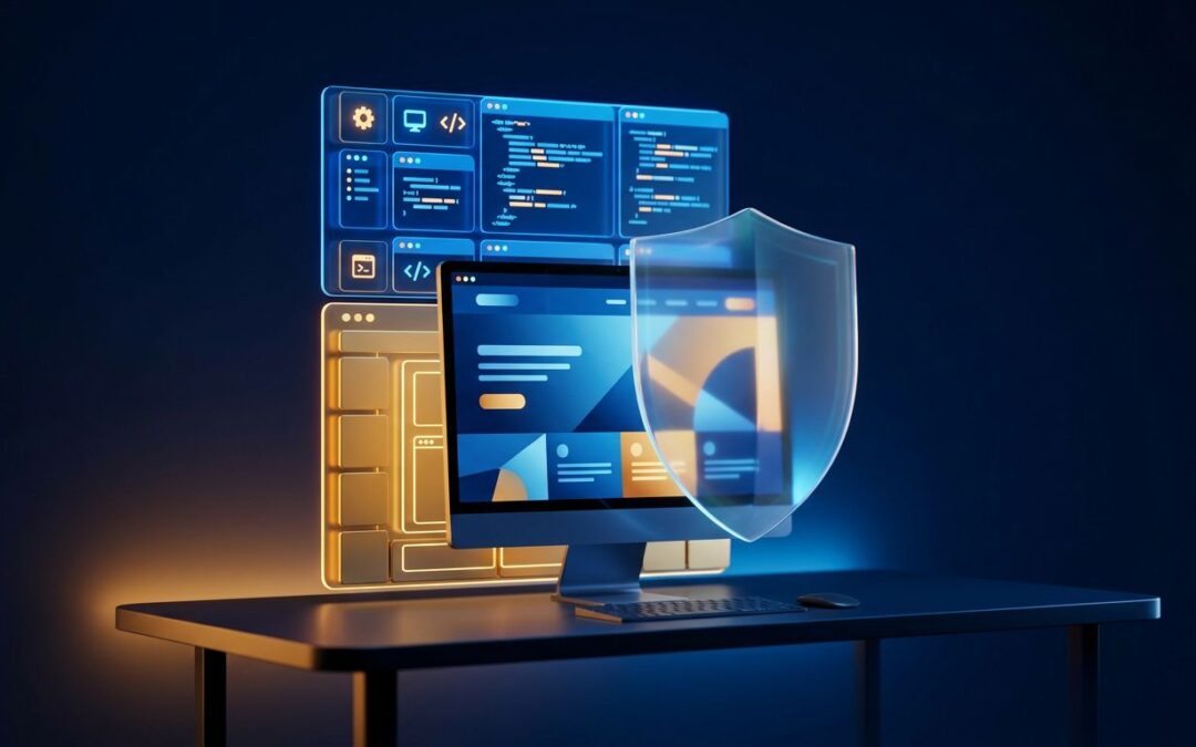 A glowing monitor showing website design protected by a translucent shield above golden code panels.