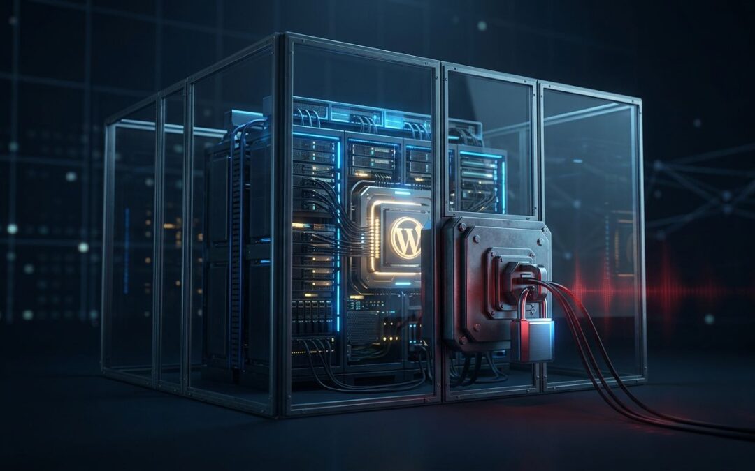 A glowing server hub protected by a transparent shield and a metallic lock against a dark navy background.