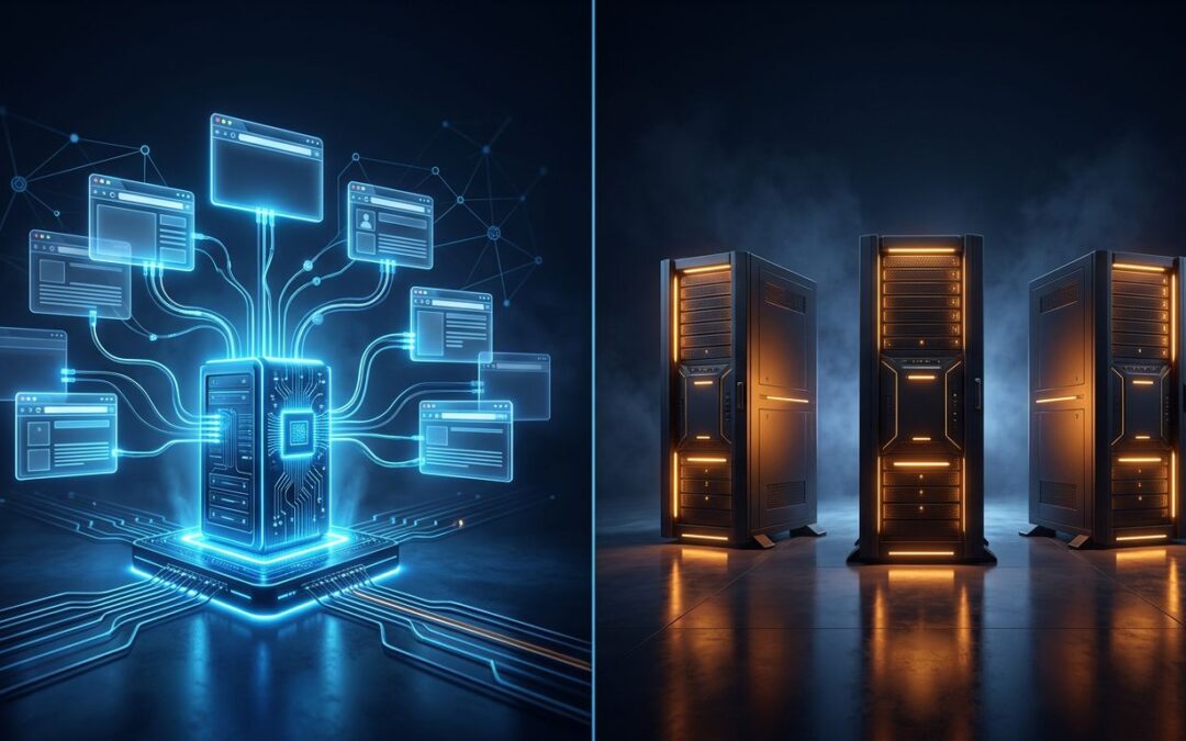 A split-screen view comparing a connected server network against three independent server towers.