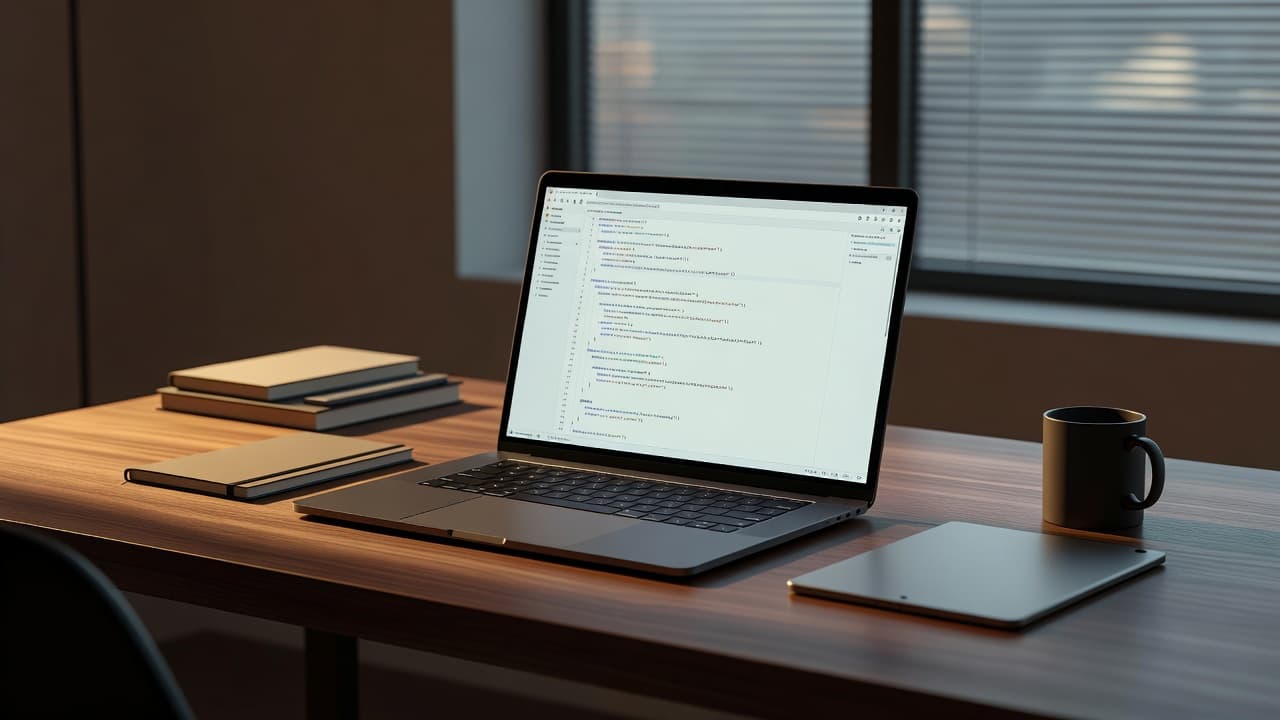An open laptop on a desk showing a dark-themed code editor with warm lighting.