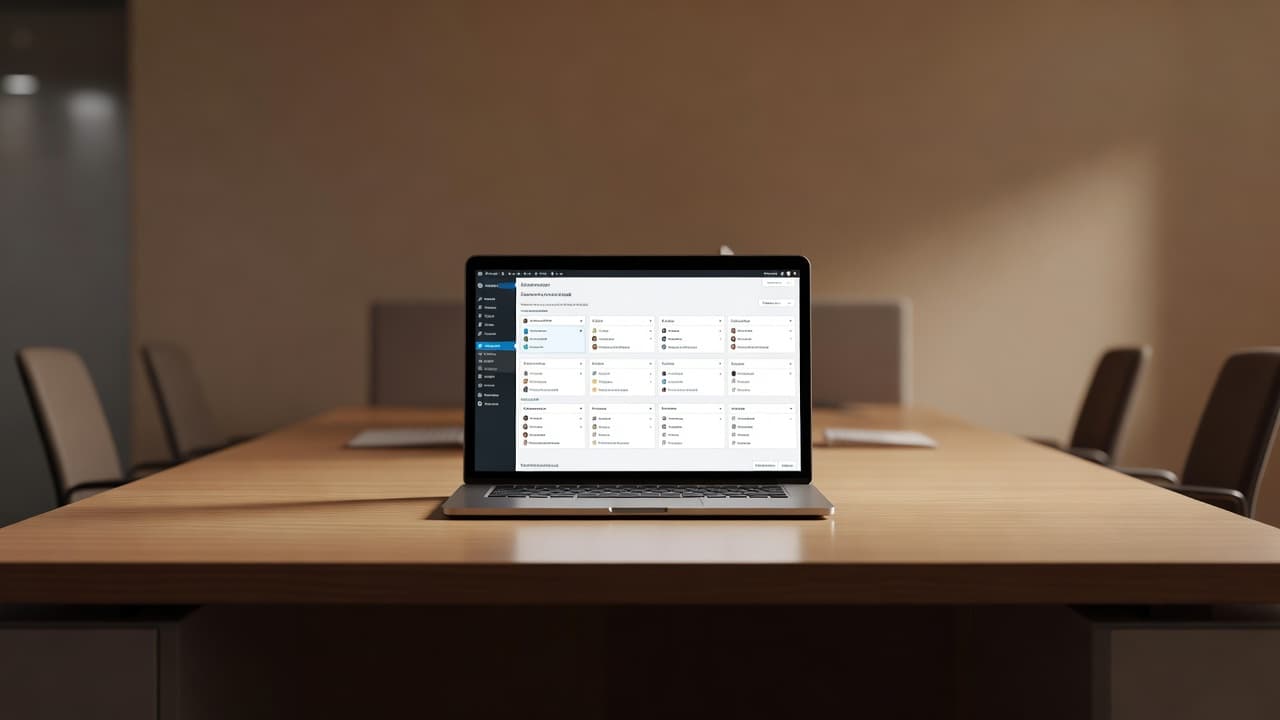 An open laptop on a clean wooden desk in a quiet office.