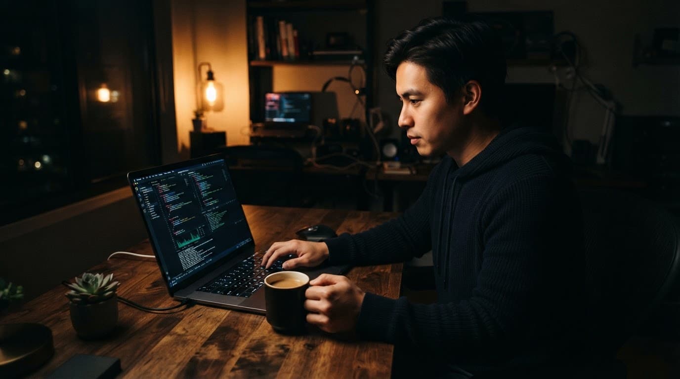A person working on a glowing laptop at a wooden desk at night with a cup of coffee.