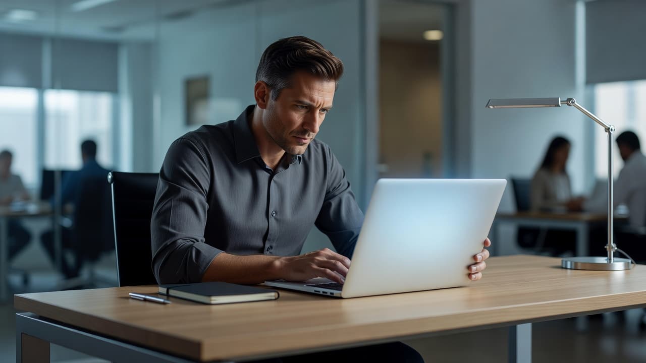 A person looks intently at a glowing laptop screen in a modern, professional office.