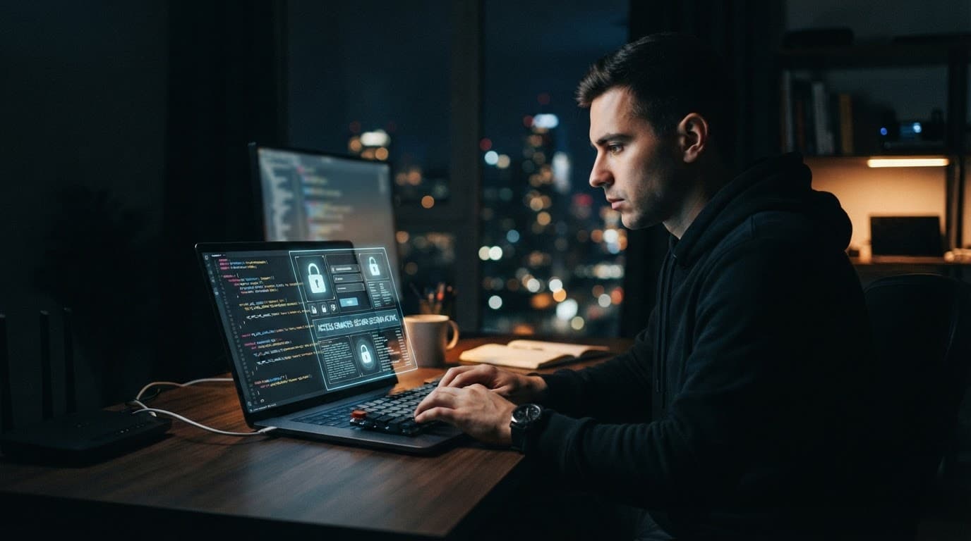 One person works at a laptop showing code and security locks in a dark workspace.