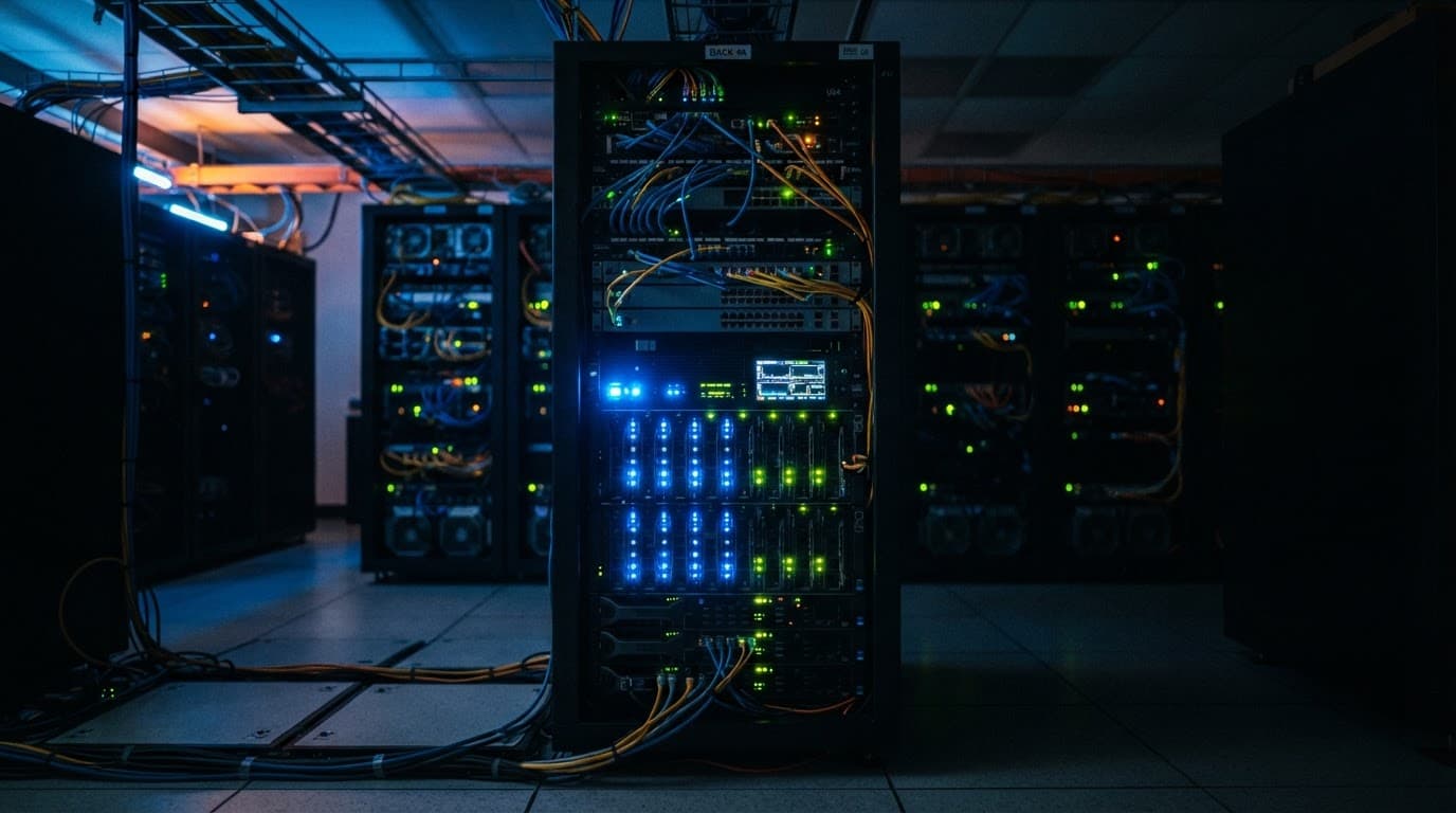 Glowing server rack with blue security lights in a dark data center.