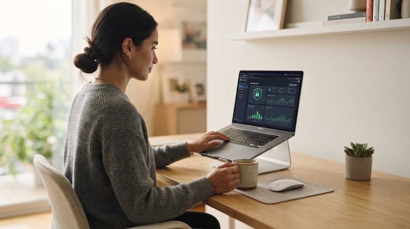 A person works on a laptop displaying website security settings at a minimalist desk.