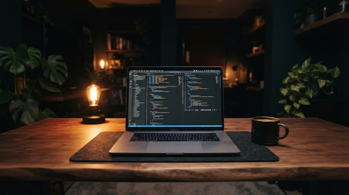 A wooden desk holding a laptop with code on the screen under warm lighting.