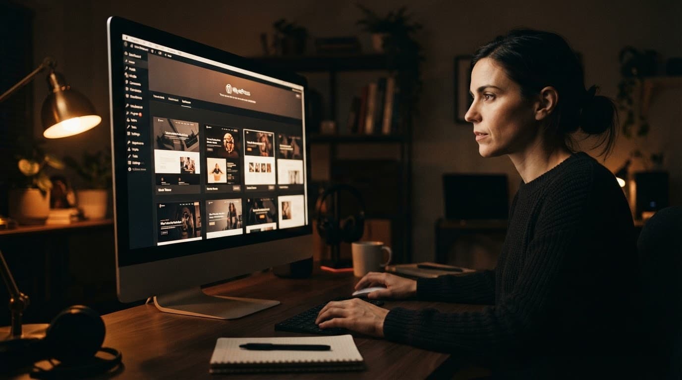 A person using a computer to view a website dashboard interface.