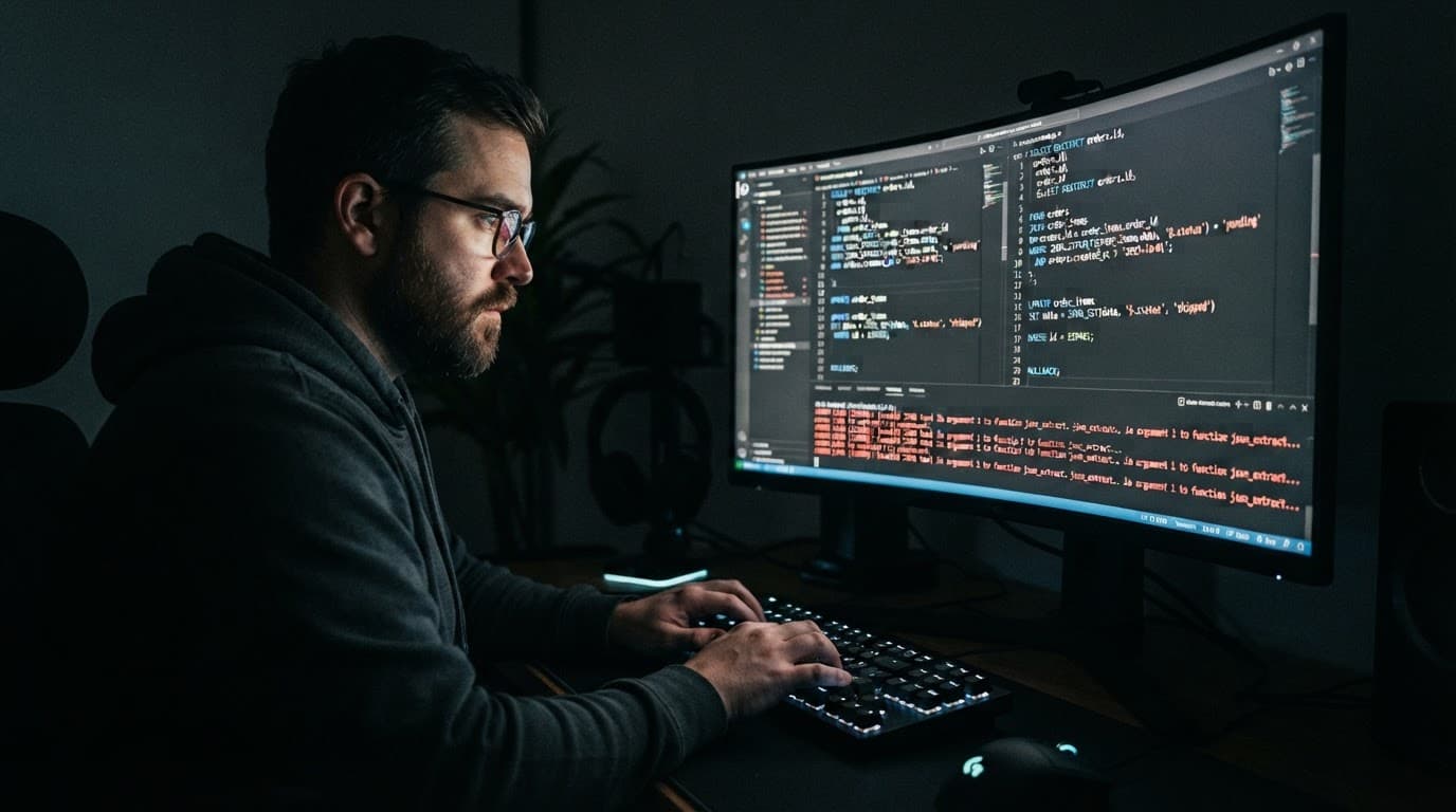 A developer studies glowing database queries on a dark monitor.