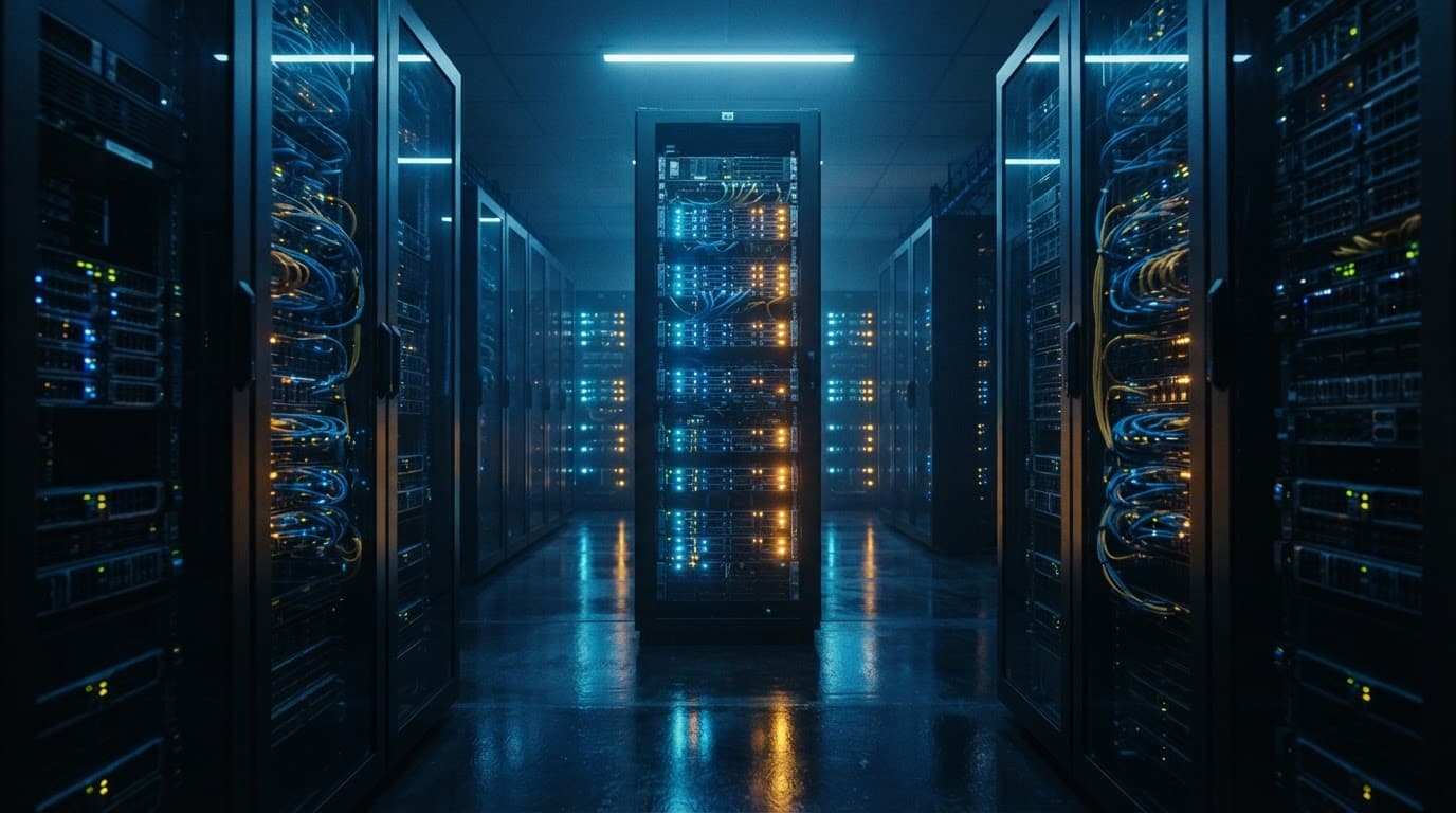 Server racks and glass panels glow with blue and amber lights.
