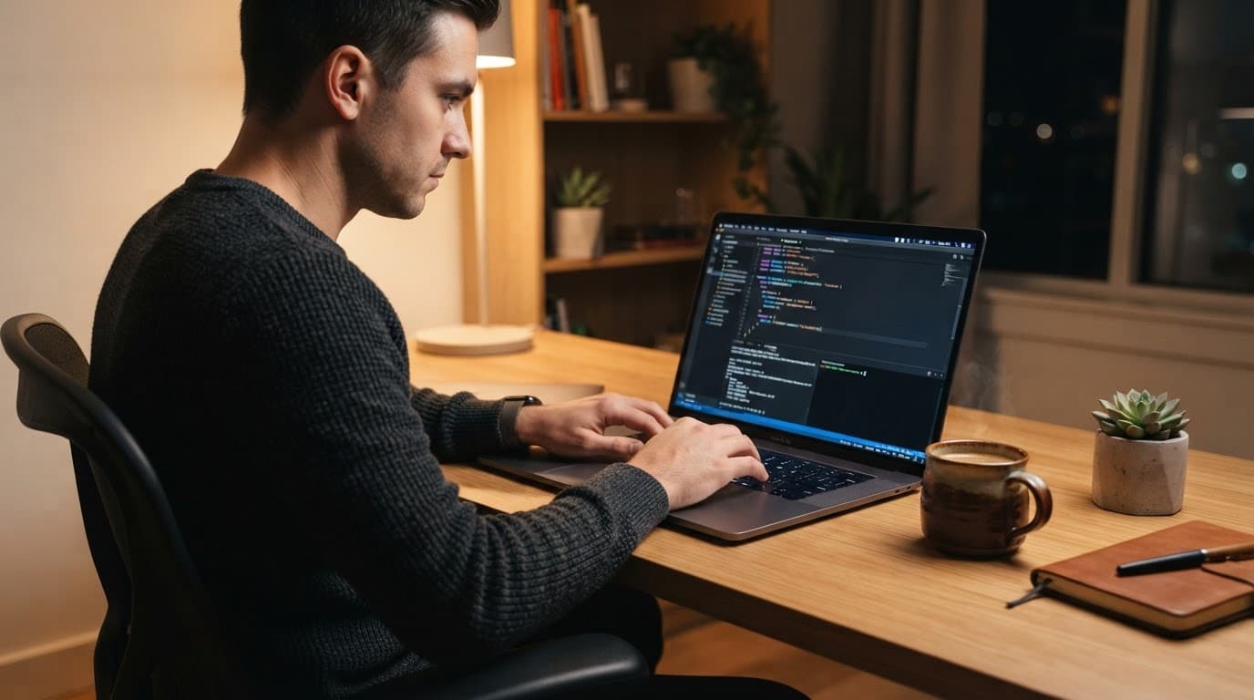 A developer configures a laptop beside coffee in a warm, minimalist workspace.
