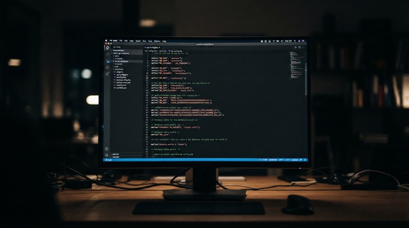 A monitor showing a PHP code editor in a dark office.