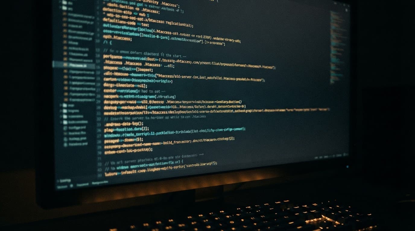 A dark monitor displays abstract code lines in teal and amber light.