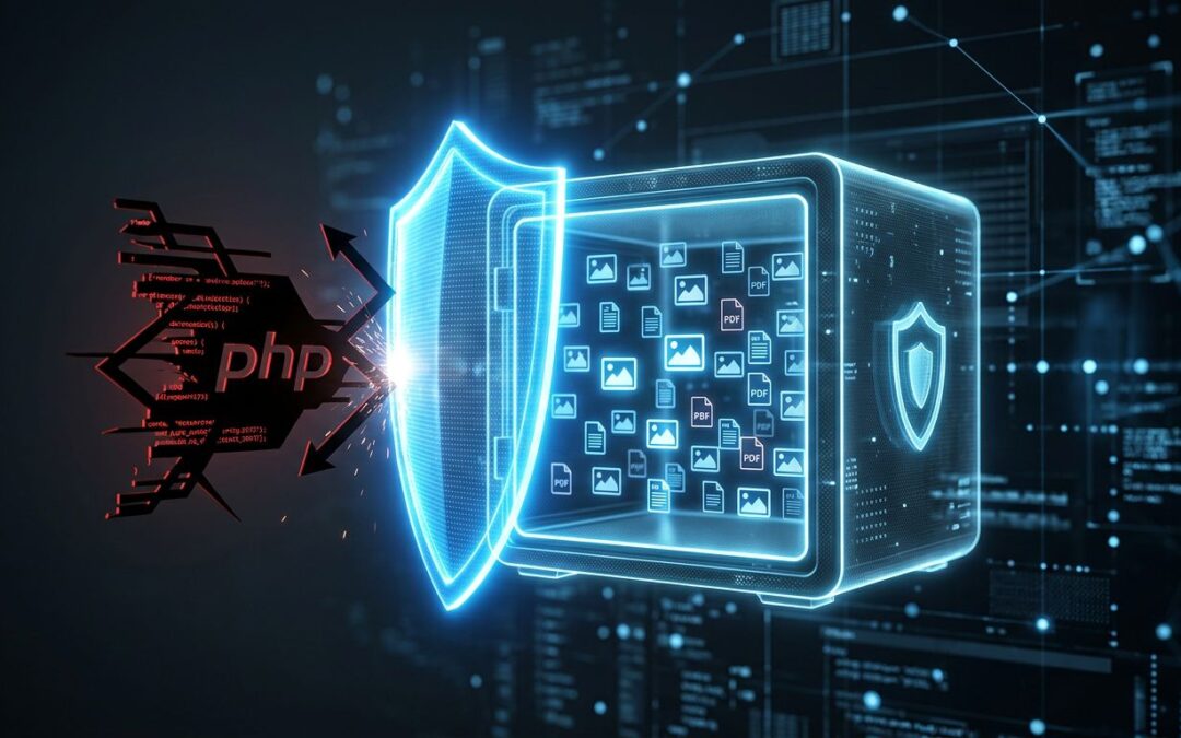 A bright shield protects digital files from a dark PHP script.