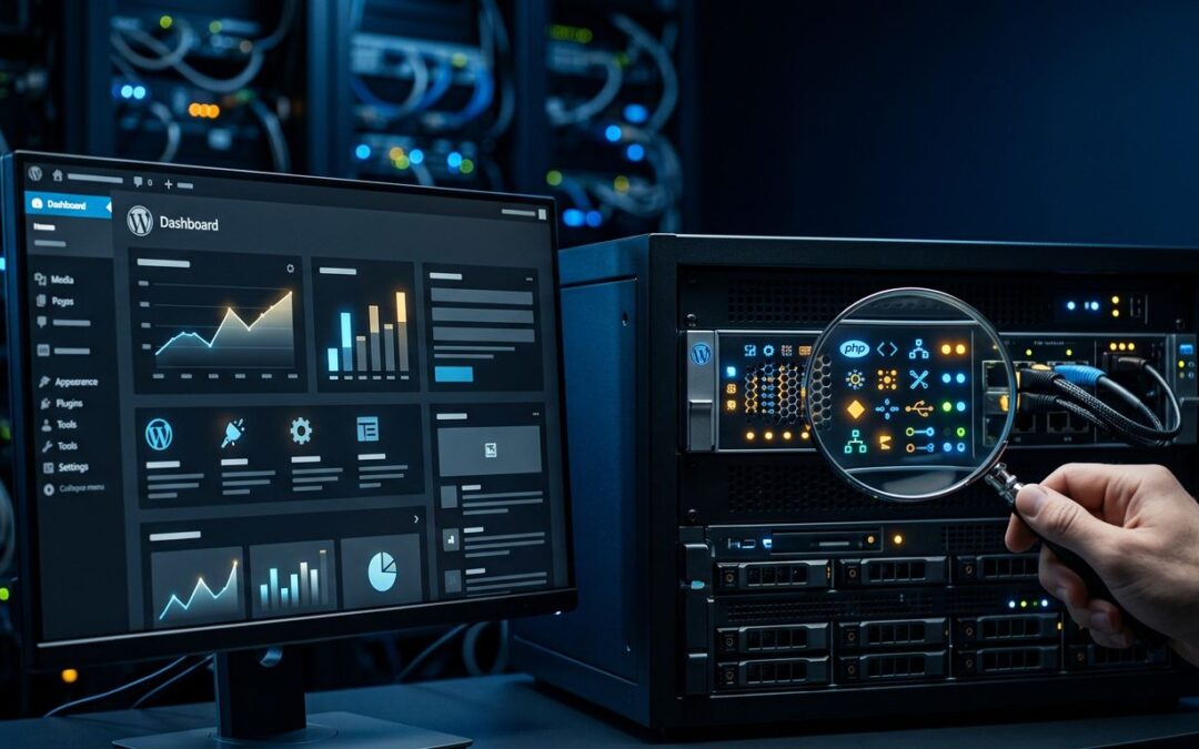 Monitor and server rack with glowing module icons and a magnifying glass checking compatibility.