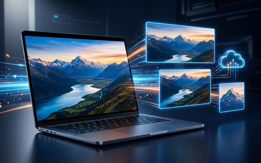 Laptop showing a landscape with three differently sized image frames and glowing speed trails.