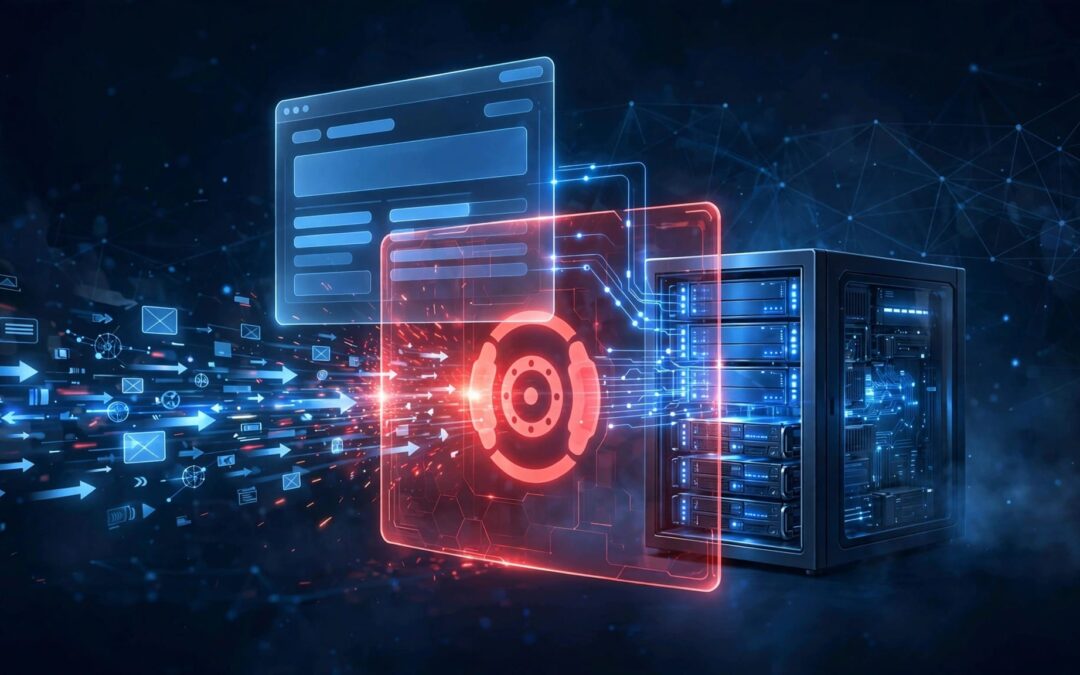 A blue server blocked by a red firewall amid surging digital requests.