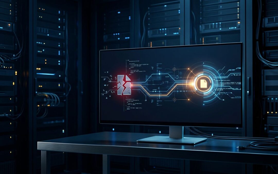 A glowing monitor shows a broken file graphic leading toward a repaired node in a dark server room.