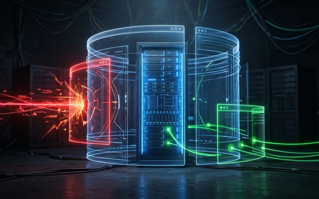 A glowing server protected by browser shields, with red and green security indicators.