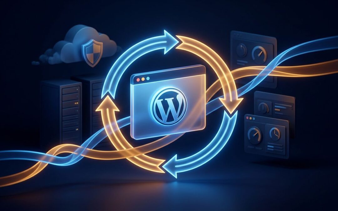 A glowing browser window surrounded by blue and amber redirect arrows.