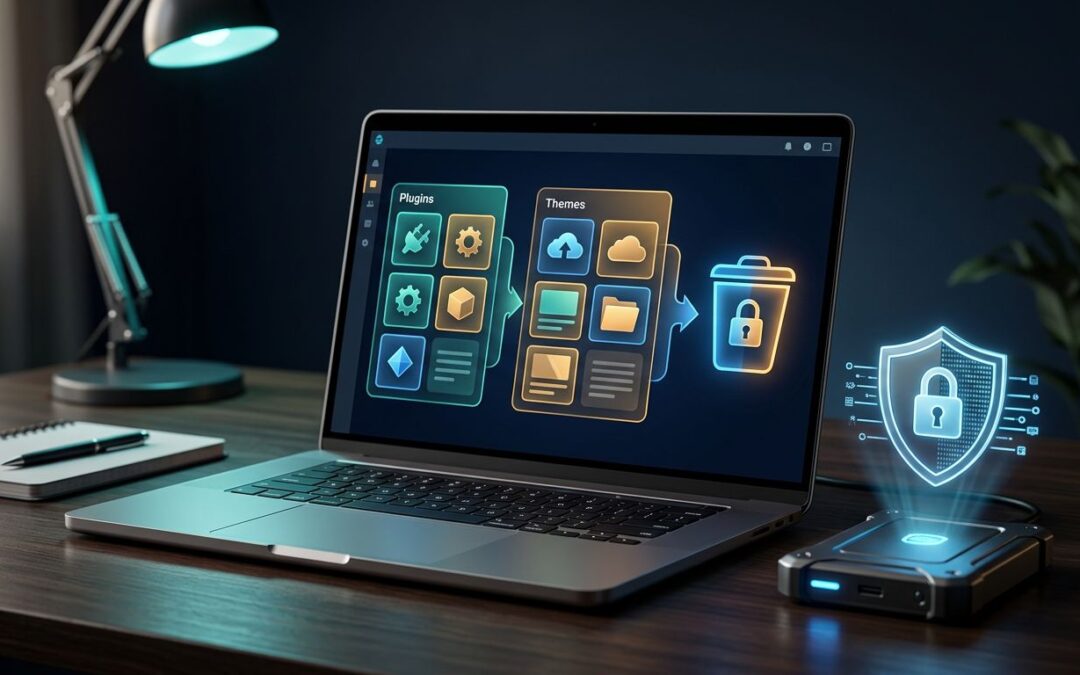 Laptop showing website cleanup panels beside a backup drive and shield icon.