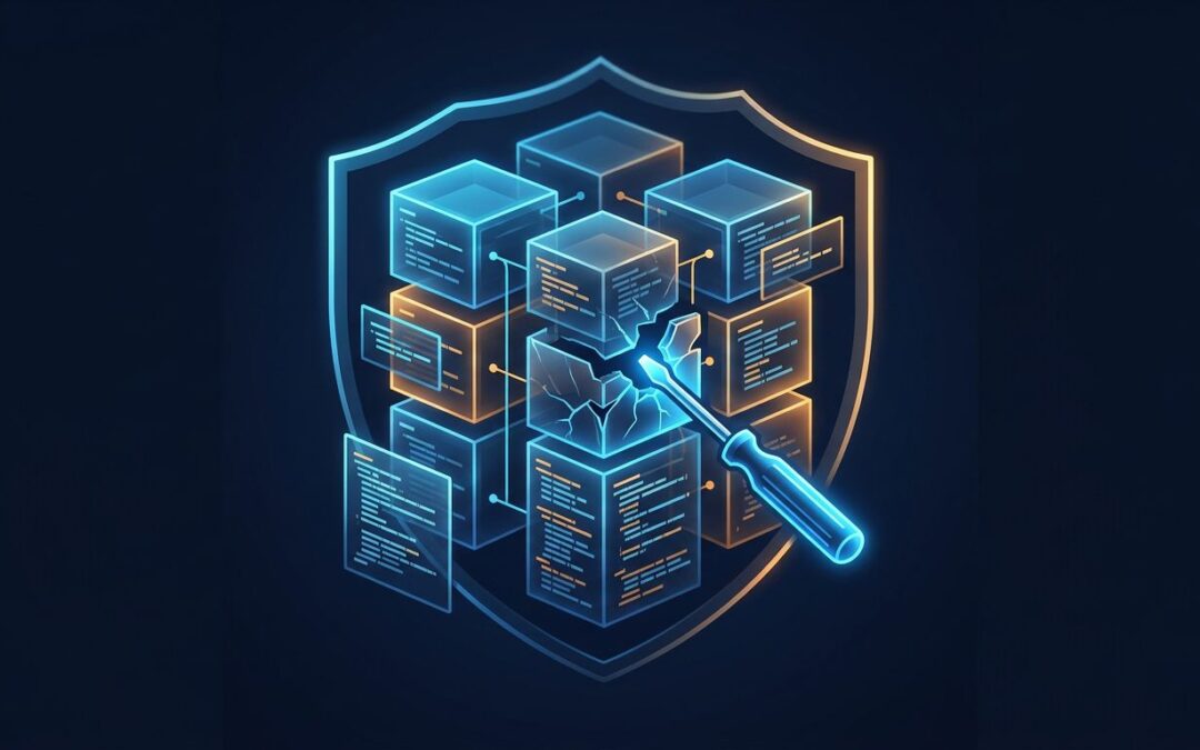 A glowing database has one repaired fragment inside a protective shield.