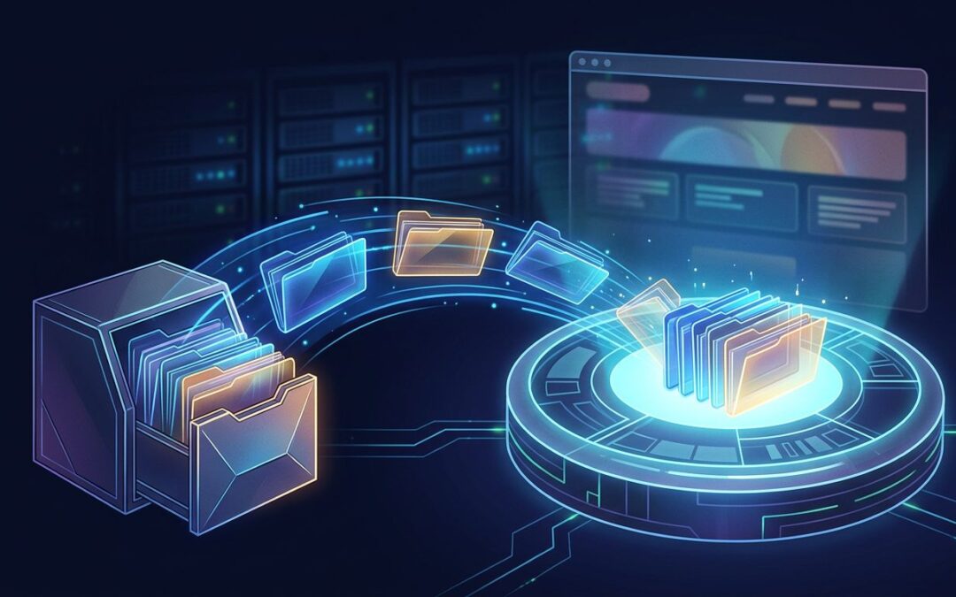 Glowing folders move toward a central root directory beside a server rack.