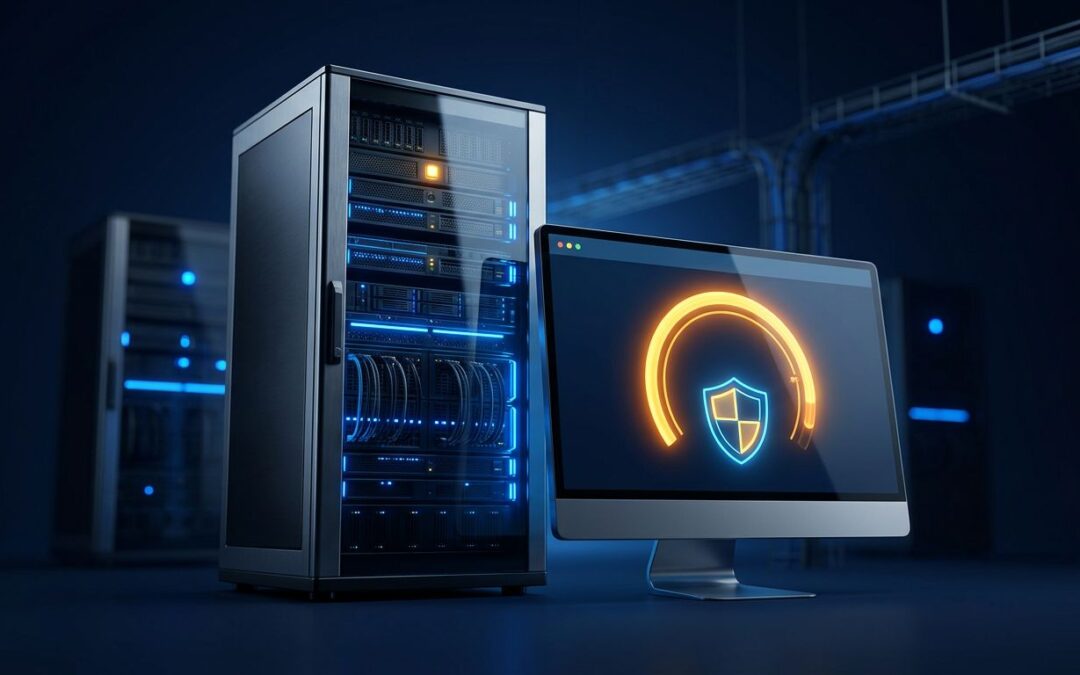 A glowing server rack beside a monitor with a circular progress display and shield icon.