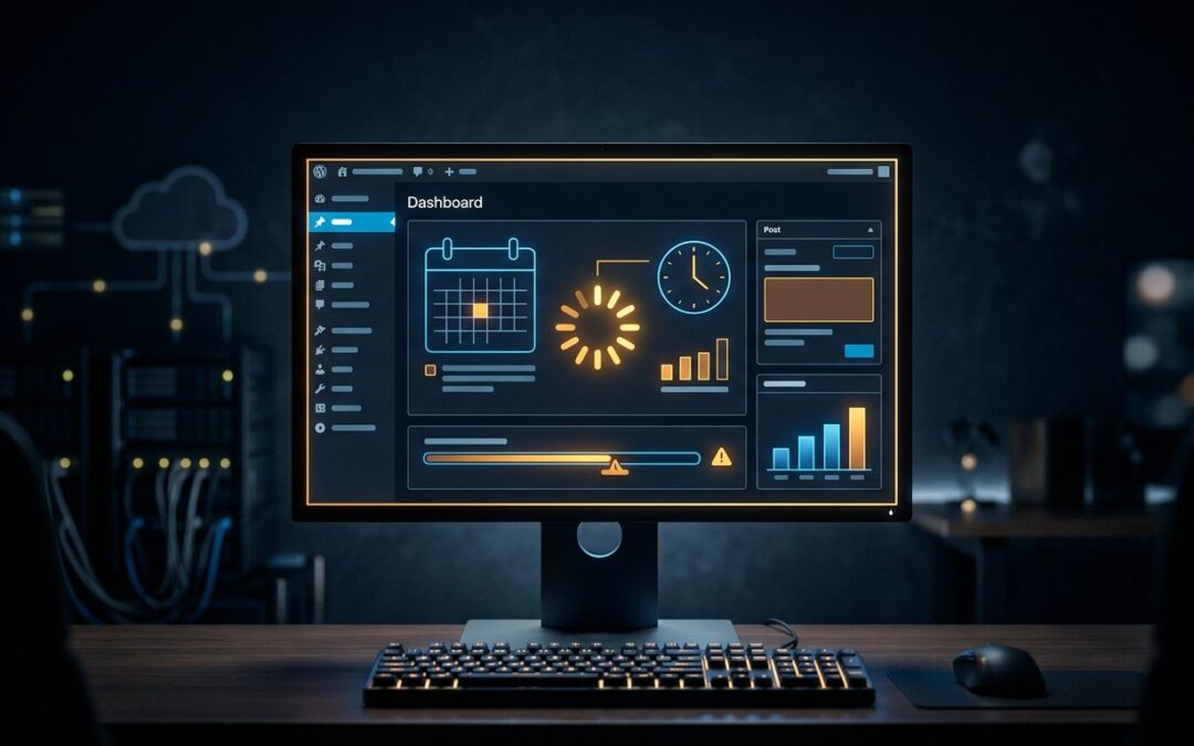 Glowing monitor with calendar, clock, and stalled loading icons on a dark blue background.