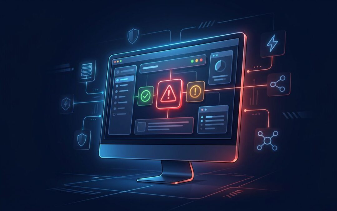 Glowing monitor with dashboard panels and red, green, and amber status indicators.