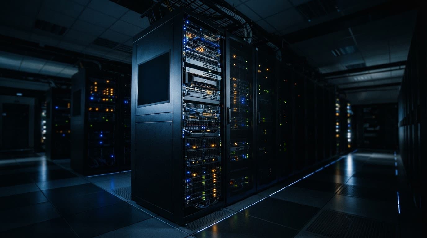 Glowing server rack in a dark, modern server room.
