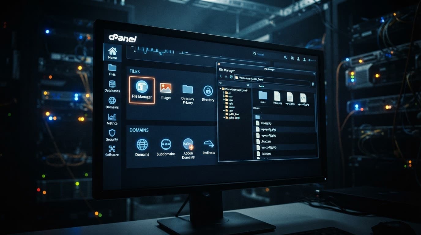 Dark hosting dashboard showing file management and domain settings panels.