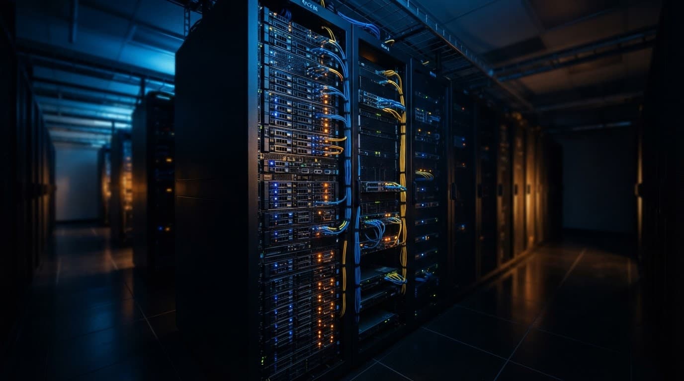 A server rack glowing with blue and amber lights inside a dark datacenter.